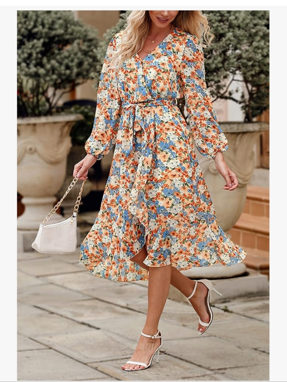 PRETTYGARDEN Yellow Floral Boho Wrap V Neck Midi Dress Size S NWT Ruffle A-Line
